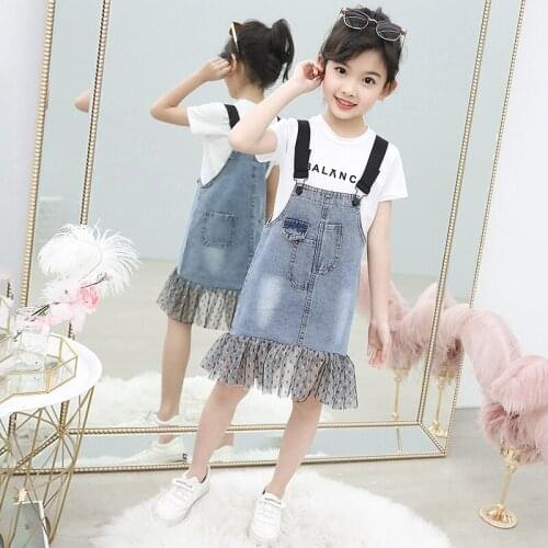 Girls Denim Strap Dress Kids Dresses Fashion Summer Children Clothes Lace Mesh Casual Dress Baby Girls Denim Clothing
