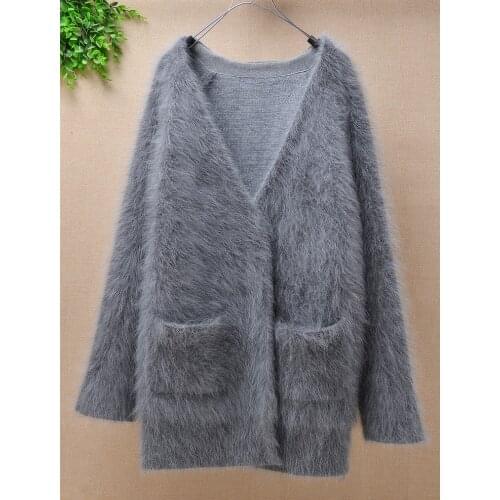 Ladies women fashion grey Fall Winter mink cashmere knitwear long sleeves v-neck loose cardigans angora fur jacket coat sweater