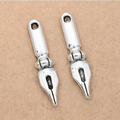 KJjewel Antique Silver Plated Pen Charms Pendants for Jewelry Making Bracelet Accessories Diy Findings 32x8mm 10pcs/lot