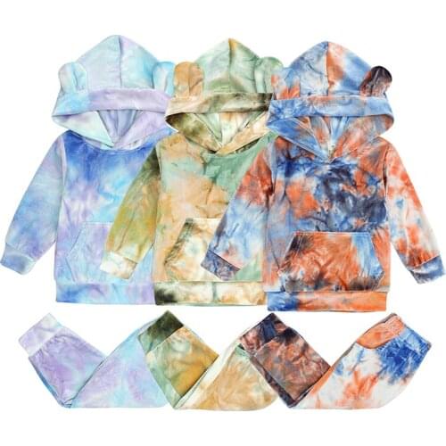 2Pcs Fall Newborn Tie-dye Print Clothes Set Outfits Toddler Kids Boys Girl Long Sleeve Velvet Front Pocket Hoodies+Pants Costume