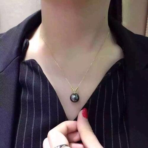 Lnngy 18K Yellow Gold Necklace Natural Tahitian Black Pearl Pendant Necklace for Women Au750 Solid Gold Link Chain Necklace Gift