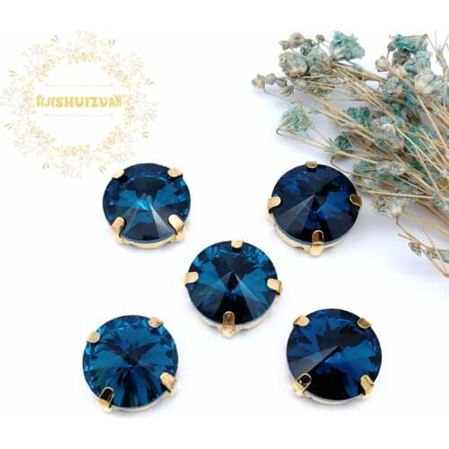 New product Satellite Peacock blue Crystal Glass Sewing Rhinestones with gold Claw DIY Wedding Dresses