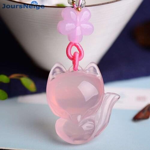Wholesale Pink Natural Crystal Pendants Carved Double-sided Fox Pendant Sweater Chain Necklace Lucky for Women Crystal Jewelry