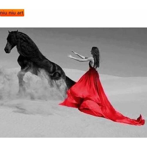 Full Square Round 5D Diy Red Skirt Girl Female Horse Pictures of Rhinestone Diamond Painting Mosaic Picture Embroidery