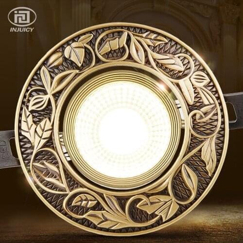 European style Luxury Pure Copper 7W 9W COB Downlight Smallpox Embedded Full Copper Vintage LED Ceiling Lamp Indoor Lighting