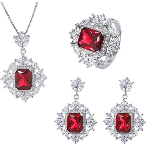 Vintage 100% 925 Sterling Silver Created Moissanite Ruby Gemstone Earrings/Rings/Necklace Wedding Fine Jewelry Sets for Women