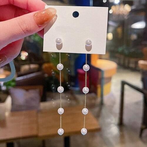 Simple style Lovely Pearls Long Tassels Drop Earrings for wedding party delicate elegant fashion jewelry all-match Drop Earrings
