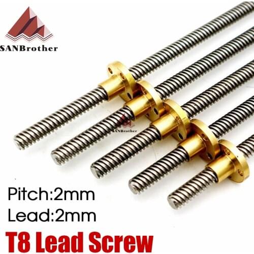 3D Printer T8 Lead Screw OD 8mm Pitch 2mm Lead 2mm 200mm 250mm 300mm 350mm 400mm 450mm 500mm With Nut For Reprap