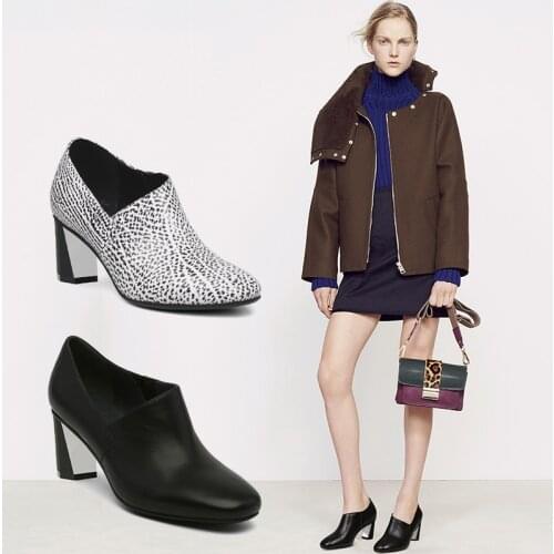 Women Shoes 6 cm High Heel Genuine Leather Pumps Round Toe Office Work Slip-On Black White Zapatos Mujer HL126 MUYISEXI