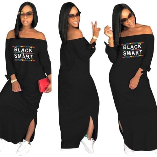 Women Letter "BLACK SMART" Print Off Shoulder Maxi Dress Bow-knot Sleeve Autumn Winter Long Dress Vestidos Plus Size