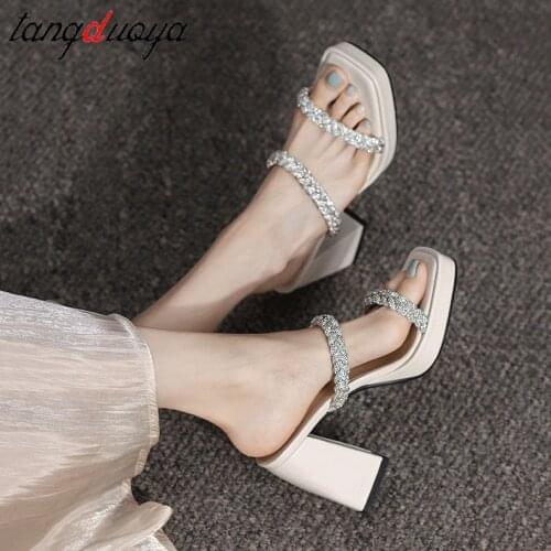 New 2021 Summer Fashion Women High Heels Flip Flops Slippers Sexy platform Sandals Square Open-toed Heel Beach Women Slippers