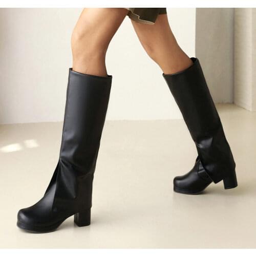 2021 Brand Design Women Knee High Boots Chunky Heel Long Boots Fashion Square Toe Slip On Autumn Winter Womans Boots Big Size