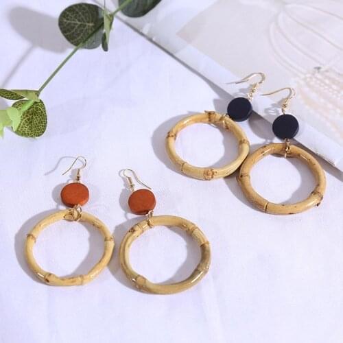 Bohemian Natural Bamboo Round Geometric Drop Earrings For Women 2021 Fashion Boho Wooden Beaded Dangle Earring Ladies Jewelry