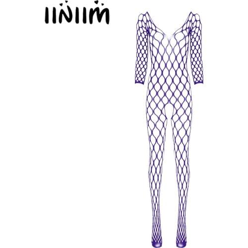 Iiniim Womens Teddies Long Sleeve Crotchless Bodystocking Stretchy Fishnet Bodysuit Mesh Lingerie Bodycon Nightwear Sleepwear