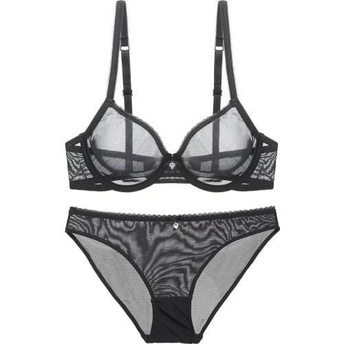 TEEVANCCE Large size new ultra-thin mesh lace sexy lingerie for women transparent gather bra and panty sets B C D cup underwear