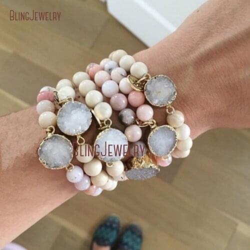 Pink Peruvian Opal Bracelet Round Agates Druzy Stretch Bracelet BM33072