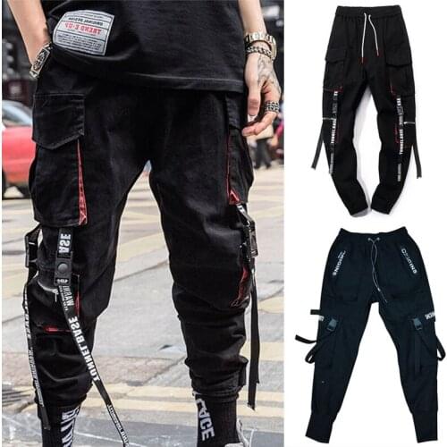 Mens Side Pockets Cargo Harem Pants 2021 Ribbons Black Hip Hop New Solid Male Joggers Trousers Fashion Casual Streetwear Pants
