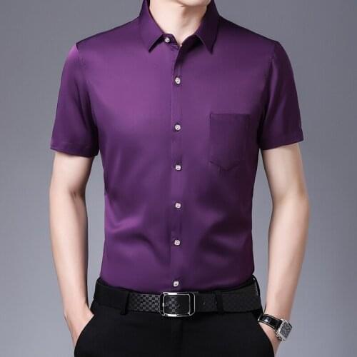 Purple Silk Dress Shirts Mens Satin Smooth Summer Mens Clothing Large Sizes Social Office Work Shirts Mens Light Blue Gentleman