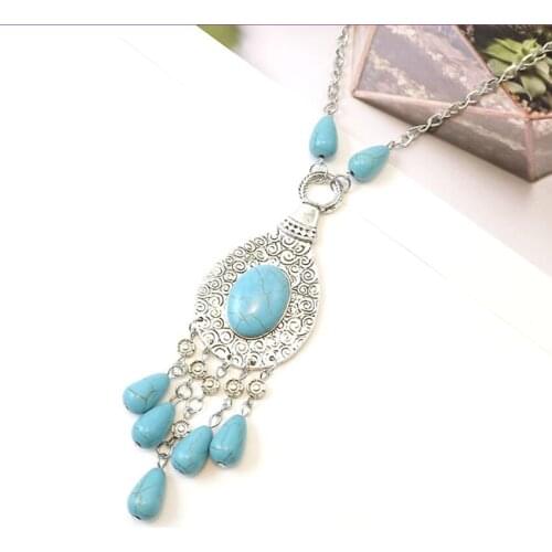 FYJS Unique Silver Plated Water Drop Pendant Link Chain Necklace Green Turquoises Stone Jewelry