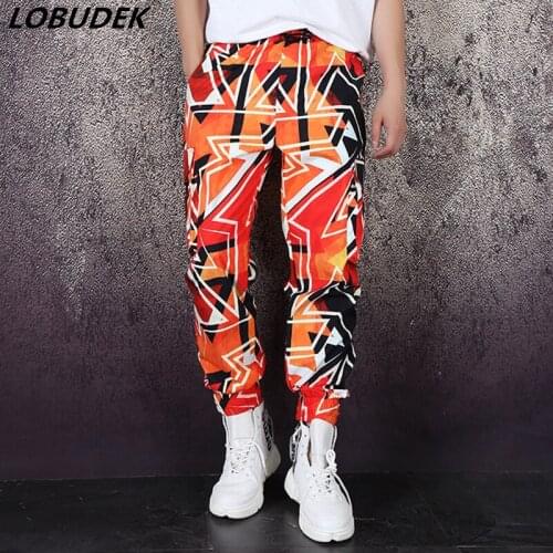Geometric Pattern Cargo Pants Haren Pants Loose Trousers Tide Male Singer Dancer Rock HIP HOP Stage Costume Orange Casual Pants