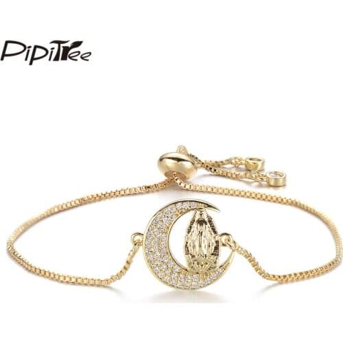 Pipitree Classic Moon with Virgin Mary Charm Bracelet Copper Cubic Zirconia Slider Chain Gold Color Bracelets for Women Jewelry