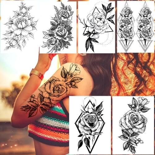 Beauty Makeup Rose Flower Arm Tattoo Temporary Floral Bloosom Body Art Henna Tattoo Sticker Long Lasting Fake Plant Tatoo Paper