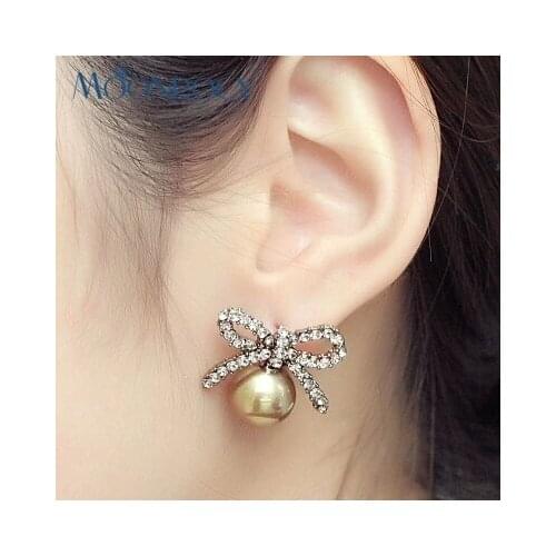 MOONROCY Vintage CZ Imitation Pearl Bowknot Crystal Earrings Antique Silver Color Champagne for Women Girls Dropshipping Gift