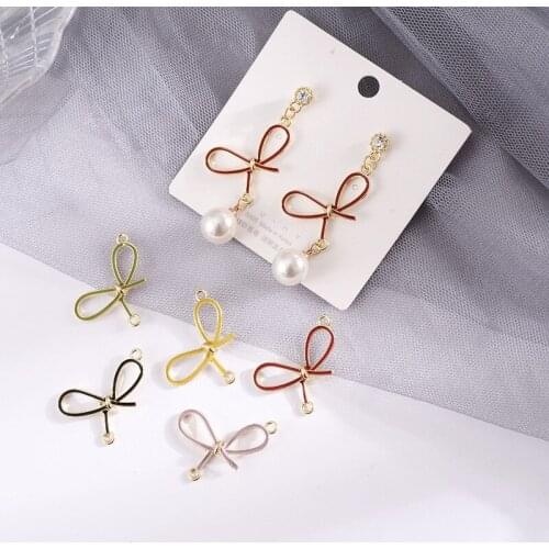 New style 50pcs/lot alloy drop oil cartoon bow shape two hanger bowknot floating locket charms diy jewelry earring accessory