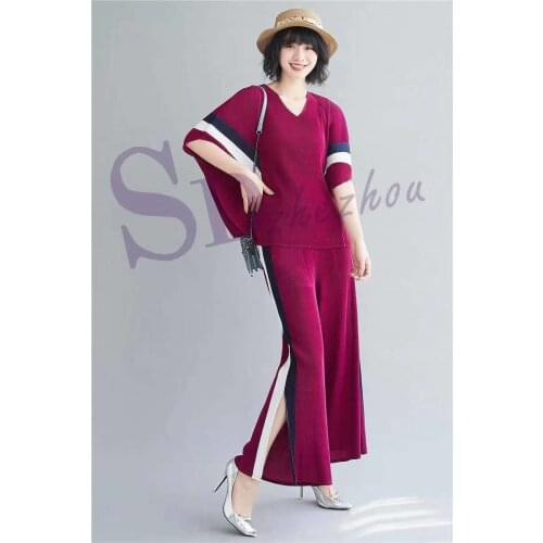 HOT SELLING Style v-neck T-shirt in the fold flared trousers striped two-piece outfit IN STOCK