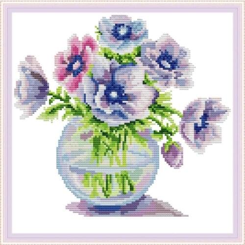 Cross Stitch Poppy Flower Vase 2 DIY Needlework Handmade Kit DMC 14CT11CT Counted Printed Embroidery Set for Gift and Home Decor