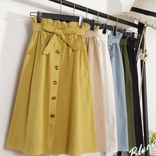 Women Midi Skirt Elegant Summer Autumn Knee Length Elastic High Waist Ladies Casual Solid A-Line Skirt Faldas Mujer