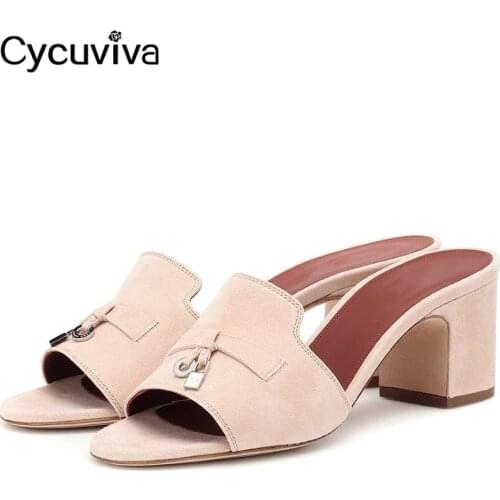 Suede Chunky Heel Slippers Women Metal Decor Open Toe Sandals Woman Summer High Heel Mules Runway Outwear Party Shoes Woman