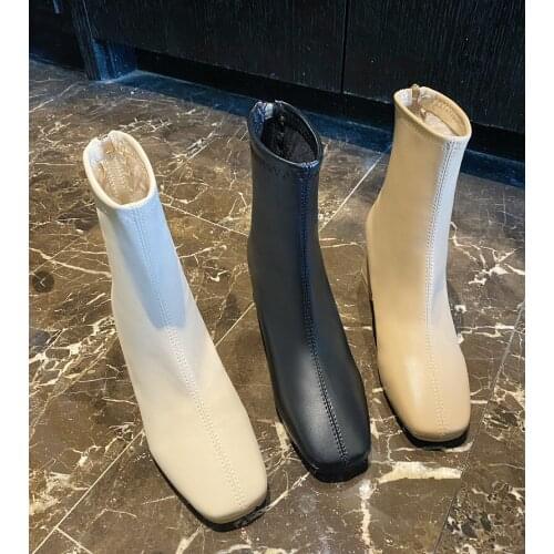 Women Square Toe Short Boots Korean Style Thick Heel Chelsea Womens Fashion Martin Boots England Leather Plush Warm Shoes