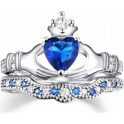 TRACYSWING Blue Crystal love Heart AAA Cubic Zirconia Crown Wedding Ring Sets For Women Silver Color Wholesale Hot New TWR616