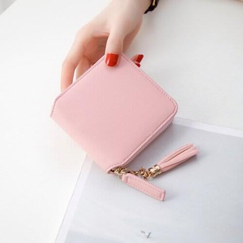 Womens Short Square Wallet Small Female Tassel Pendant Cute PU Leather Student Coin Purse Fashion Zipper Money Bag Card Holder