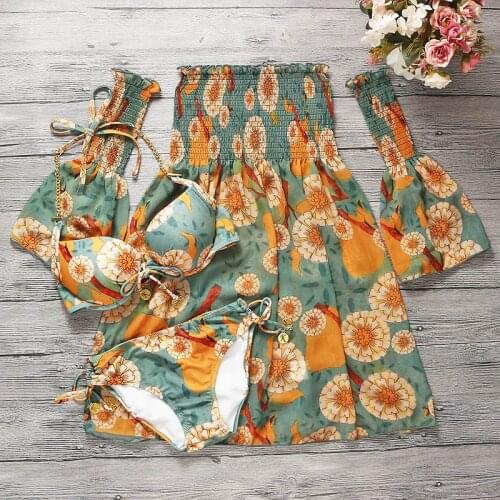 2021 Women Print Floral Three Pieces Bikini Set Push Up Bathing Suit Padded Swimsuit with Cover Up Summer Sexy Swimwear Biquinis