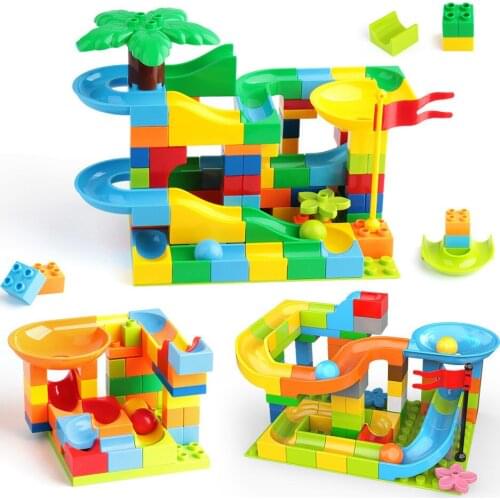 114PCS Maze Race Balls Track Big Building Block With Base Plate Duploed Large Model Bricks Set City Toys For Children Toys Sets