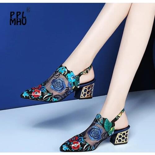 Blue Mesh Ethnic Embroider Buckle Strap Square Heel Women Sandals Pointed Top Non-Slip High Heel Shoes 2021New Luxury Shoes
