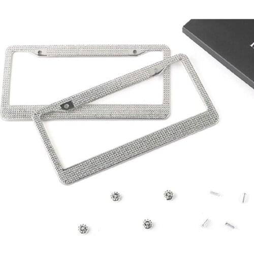 Black Crystal Diamond Car License Plate Frame Premium Stainless Steel White Bling Rhinestone License Plate Frame Surface Decor