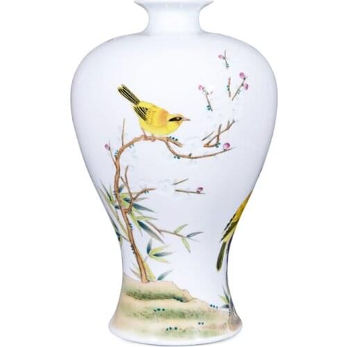 Jingdezhen Hand Painted Sculpture Yellow Bird Fine Porcelain Flower Vase For Home Office Decor