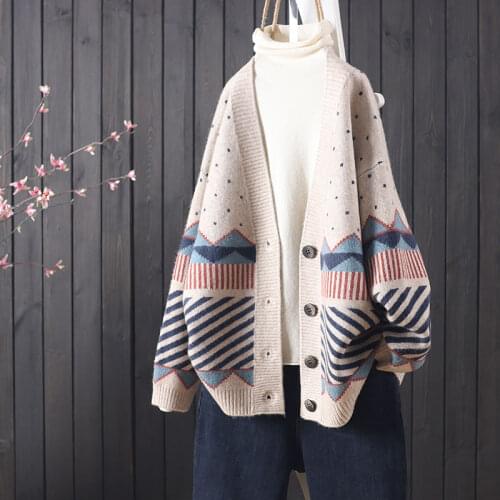 Oversize Cardigan Women Korean Fashion Geometric V-Neck Ladies Knitted Sweater Thick Female Coat Winter Cardigans for Women 2021