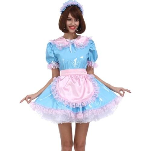 Sissy Girl Maid Baby Blue Color Matching PVC Dress Uniform Crossdress Cosplay Costume