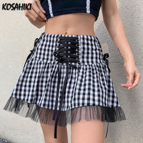 KOSAHIKI Punk Lace Patch Plaid Skirt Harajuku Gothic Lolita High Waist Pleated Cake Bandage Mini Skirts Y2K Girl Chic Streetwear