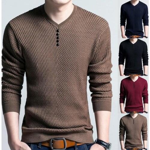 Chic Autumn Winter Sweaters Men Solid Color V Neck Long Sleeve 2019 Pullover Knitted Pull Sweater Mens Sweaters Male Knitwear