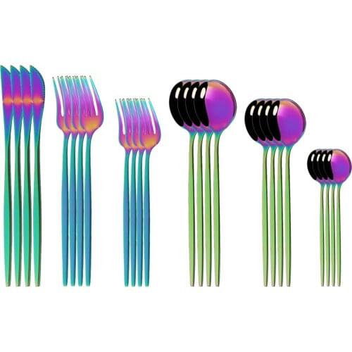 24Pcs Rainbow Dinnerware Cutlery Set Knife Dessert Fork Coffee Spoon Flatware Silverware Stainless Steel Party Tableware Set