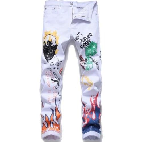 New white jeans European and American fashion print inelastic slim pants casual personality hip-hop small straight white jeans