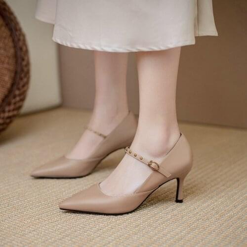New Genuine Leather Sexy High Heels Women Shoes Retro Shallow Fashion Women Pumps Women Rivet Buckle Party Shoes Escarpins Femme
