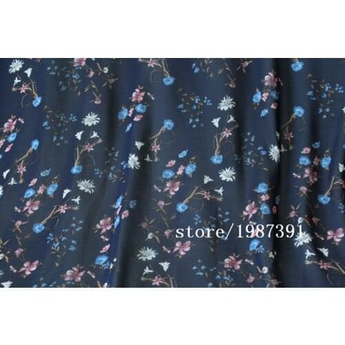 150cm width chiffon fabric small flowers pattern dark blue background can see through for skirt suit-dress headband CH-7744
