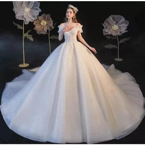 Wedding Dress Illusion V-Neck Short Sequined Embroidery Pearls Tulle Lace Backless Off The Shoulder White Women Bridal Gown G359