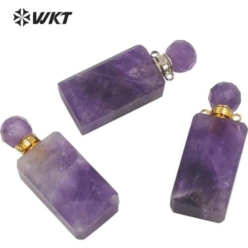 WT-P1633 Amazing gold long square amethysts made stone bottle for load perfume natural stone essencial oil bottle